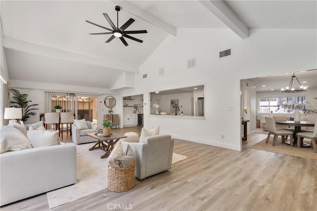 3238 N Hartman St, Orange, CA 92865 - living room featuring a chandelier, beam ceiling, a ceiling fan, high vaulted ceiling, and wood finished floors