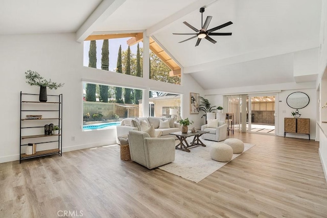 3238 N Hartman St, Orange, CA 92865 - living room with ceiling fan, high vaulted ceiling, beam ceiling, and wood finished floors
