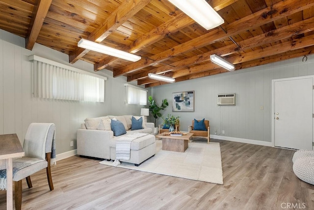 3238 N Hartman St, Orange, CA 92865 - living room featuring beamed ceiling, light wood-style floors, wood ceiling, a wall mounted air conditioner, and baseboards