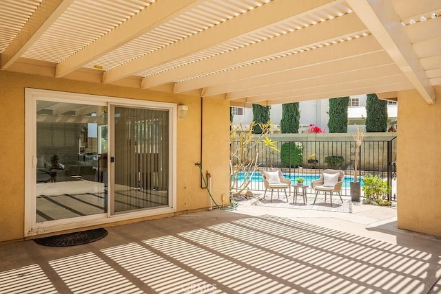 3238 N Hartman St, Orange, CA 92865 - view of patio / terrace with fence, an outdoor pool, and a pergola