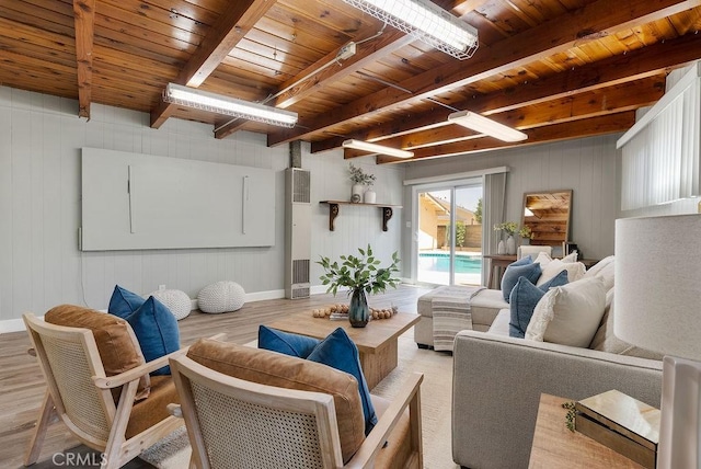 3238 N Hartman St, Orange, CA 92865 - living area with wood finished floors, wood ceiling, beam ceiling, baseboards, and wood walls