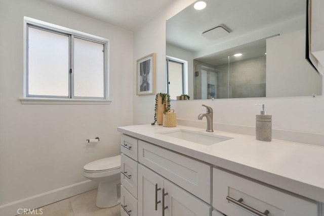 3238 N Hartman St, Orange, CA 92865 - full bath featuring tile patterned flooring, a stall shower, toilet, vanity, and baseboards