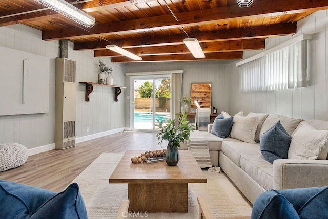 3238 N Hartman St, Orange, CA 92865 - living area featuring wood ceiling, a heating unit, light wood-style flooring, beamed ceiling, and baseboards