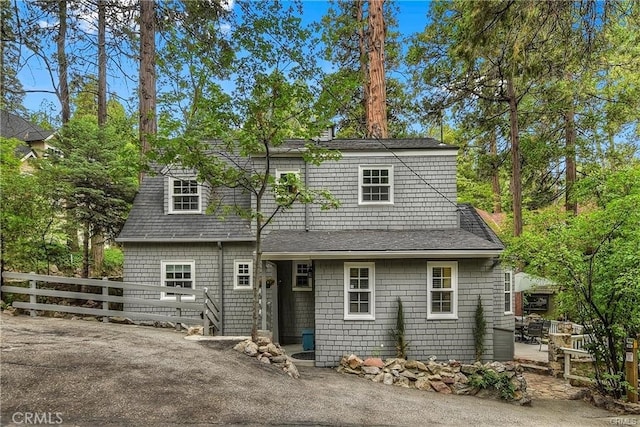 27844 Greenway Dr, Lake Arrowhead, CA 92352 - rear view of property with a shingled roof, fence, a patio area, and driveway