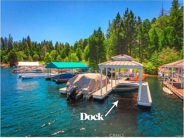 27844 Greenway Dr, Lake Arrowhead, CA 92352 - dock with a gazebo, a forest view, and a water view