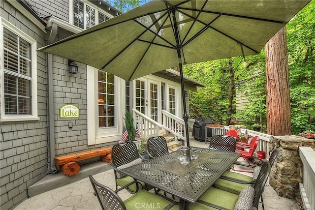 27844 Greenway Dr, Lake Arrowhead, CA 92352 - view of patio with outdoor dining area, french doors, and grilling area