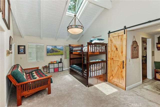 27844 Greenway Dr, Lake Arrowhead, CA 92352 - carpeted bedroom with a barn door and baseboards