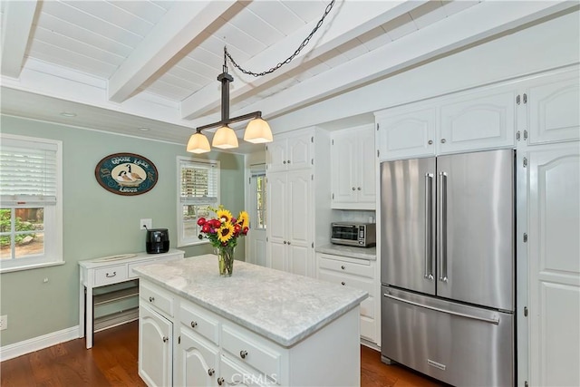 27844 Greenway Dr, Lake Arrowhead, CA 92352 - kitchen with high end refrigerator, beam ceiling, a center island, white cabinets, and dark wood-style flooring
