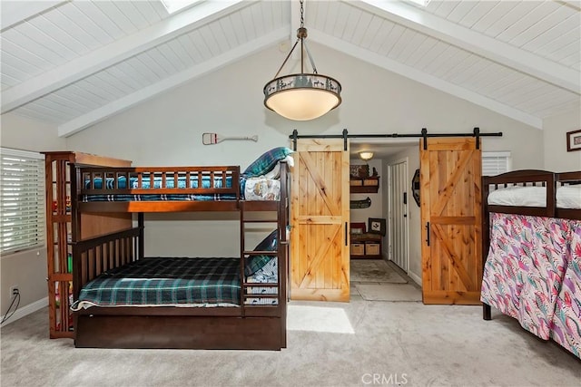 27844 Greenway Dr, Lake Arrowhead, CA 92352 - bedroom with carpet, a barn door, and baseboards