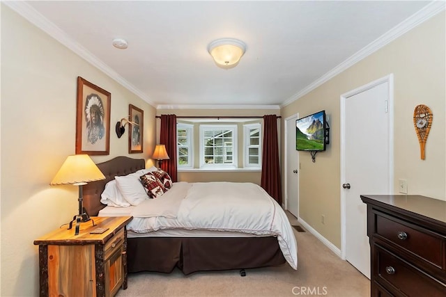 27844 Greenway Dr, Lake Arrowhead, CA 92352 - bedroom featuring light carpet, ornamental molding, and baseboards