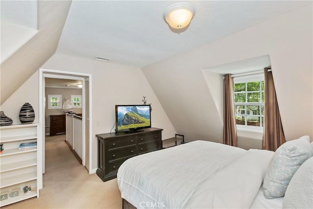 27844 Greenway Dr, Lake Arrowhead, CA 92352 - bedroom featuring light colored carpet and vaulted ceiling