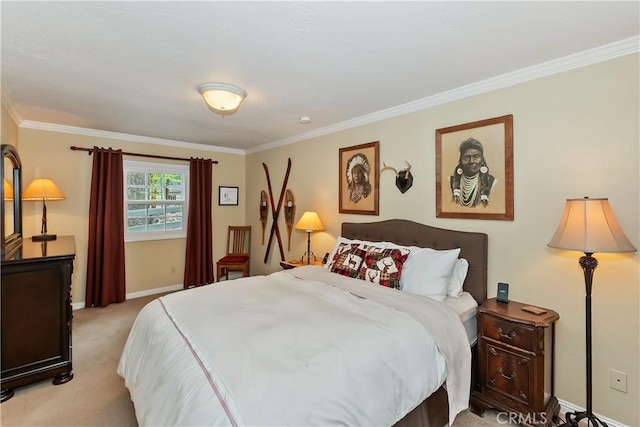 27844 Greenway Dr, Lake Arrowhead, CA 92352 - bedroom with crown molding, baseboards, and light colored carpet