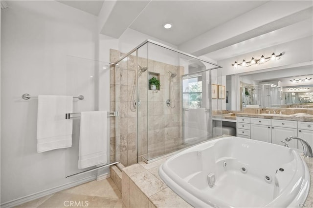 25865 Tulip Grove St, Stevenson Ranch, CA 91381 - full bath featuring a shower stall, a whirlpool tub, vanity, recessed lighting, and tile patterned flooring