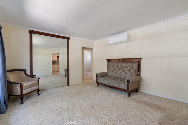 living area with ornamental molding, carpet floors, a wall unit AC, and baseboards