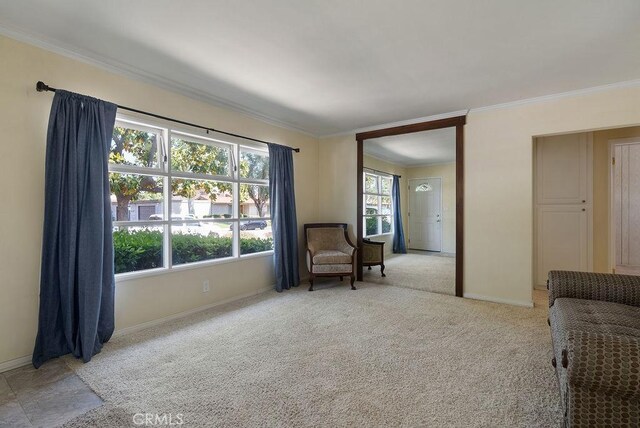 living area with ornamental molding, baseboards, and light carpet
