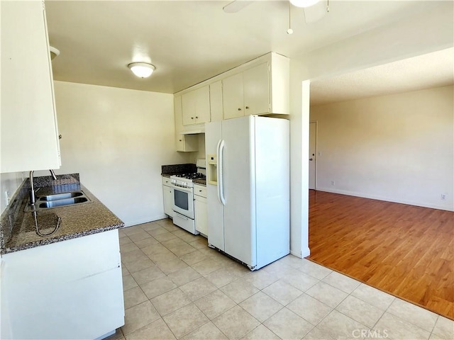 2616 Gates Ave, Redondo Beach, CA 90278 - kitchen featuring white appliances, a sink, ceiling fan, white cabinetry, and light tile patterned flooring