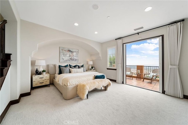 7 Ocean Heights Dr, Newport Coast, CA 92657 - bedroom featuring light carpet, access to exterior, baseboards, and recessed lighting