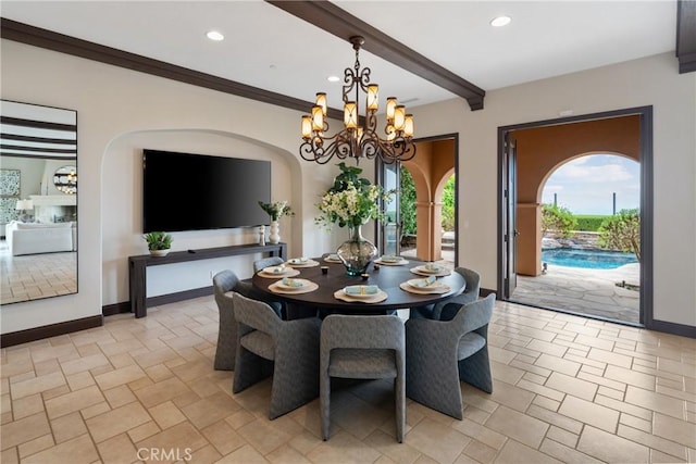 7 Ocean Heights Dr, Newport Coast, CA 92657 - dining area with baseboards, recessed lighting, a chandelier, and beam ceiling