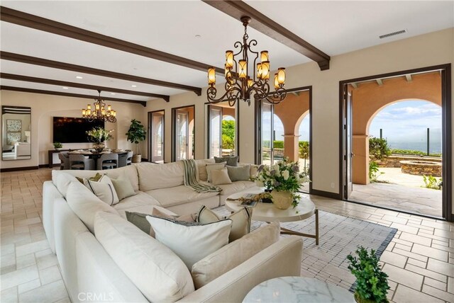 7 Ocean Heights Dr, Newport Coast, CA 92657 - living room with a chandelier, beam ceiling, recessed lighting, and baseboards