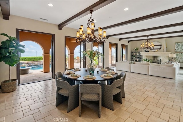 7 Ocean Heights Dr, Newport Coast, CA 92657 - dining area with a chandelier, recessed lighting, and beamed ceiling