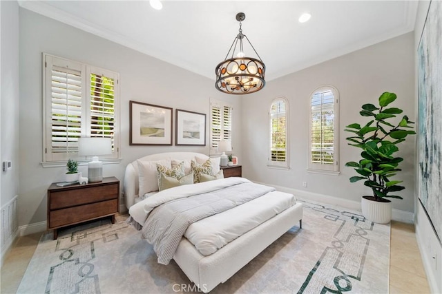 7 Ocean Heights Dr, Newport Coast, CA 92657 - tiled bedroom featuring baseboards, ornamental molding, a chandelier, and recessed lighting