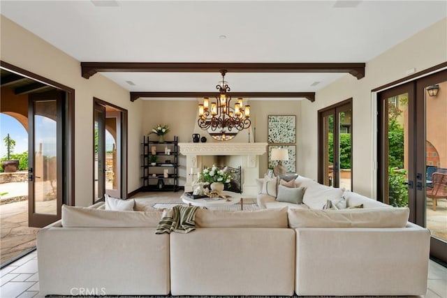 7 Ocean Heights Dr, Newport Coast, CA 92657 - living room with french doors, a chandelier, and beam ceiling