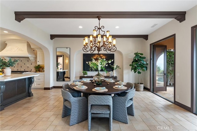7 Ocean Heights Dr, Newport Coast, CA 92657 - dining space featuring beamed ceiling, a chandelier, recessed lighting, baseboards, and arched walkways