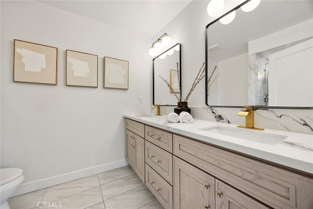 4732 Tucana St, Yorba Linda, CA 92886 - bathroom with marble finish flooring, double vanity, baseboards, toilet, and a shower with door