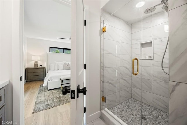 4732 Tucana St, Yorba Linda, CA 92886 - ensuite bathroom with a shower stall, wood finished floors, baseboards, and vanity