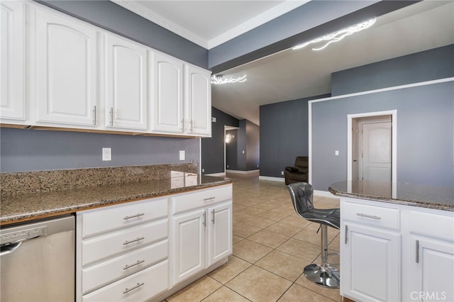 2505 Stuart Ave, Clovis, CA 93611 - kitchen featuring dishwasher, white cabinetry, and dark stone countertops