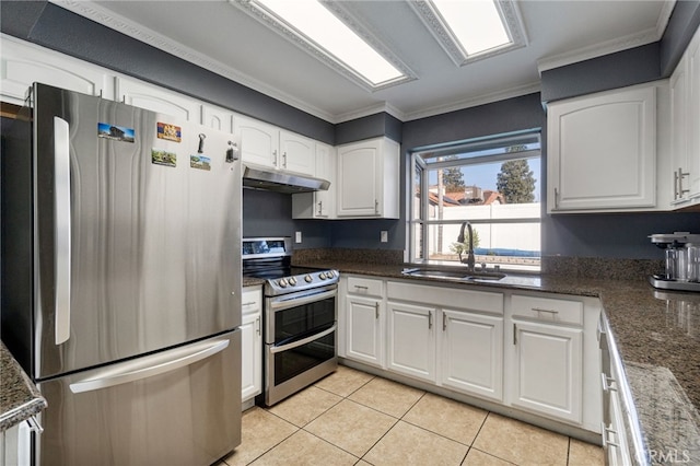 2505 Stuart Ave, Clovis, CA 93611 - kitchen featuring appliances with stainless steel finishes, a sink, under cabinet range hood, white cabinetry, and crown molding