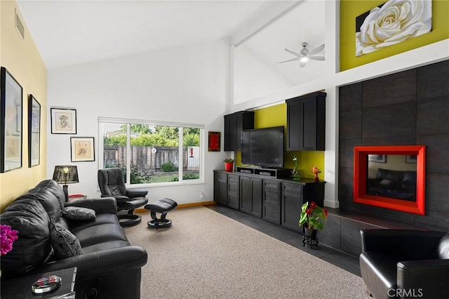 788 Marcia Ct, Chico, CA 95973 - living room featuring high vaulted ceiling, a ceiling fan, beam ceiling, and baseboards