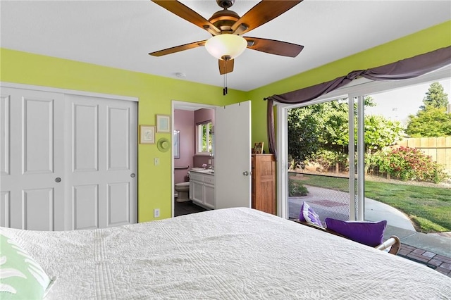 788 Marcia Ct, Chico, CA 95973 - bedroom featuring access to outside, a closet, ensuite bathroom, and a ceiling fan