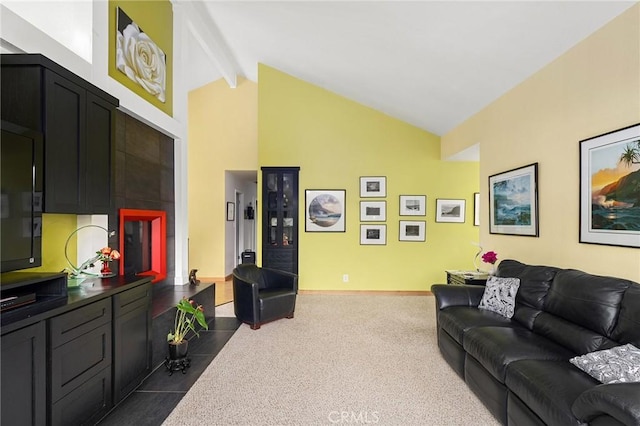 788 Marcia Ct, Chico, CA 95973 - living area featuring beamed ceiling, high vaulted ceiling, and baseboards