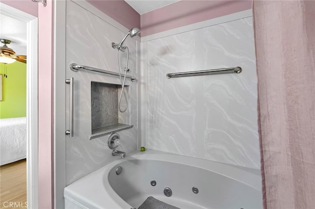 788 Marcia Ct, Chico, CA 95973 - bathroom featuring a combined bath / shower with jetted tub, connected bathroom, and ceiling fan