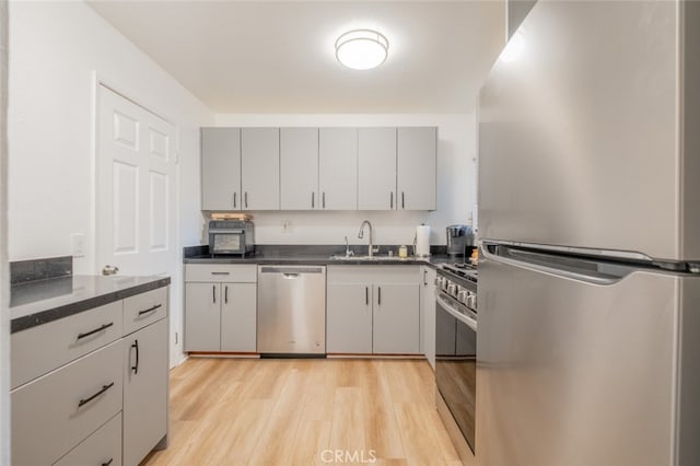 kitchen with appliances with stainless steel finishes, dark countertops, a sink, and light wood-type flooring