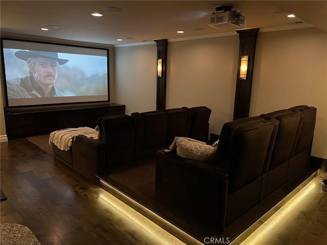 2711 Elm Ave, Manhattan Beach, CA 90266 - home theater room with decorative columns, wood finished floors, crown molding, and recessed lighting