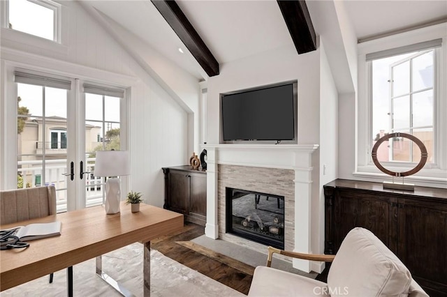 2711 Elm Ave, Manhattan Beach, CA 90266 - office space featuring wood finished floors, beamed ceiling, plenty of natural light, french doors, and a fireplace with flush hearth