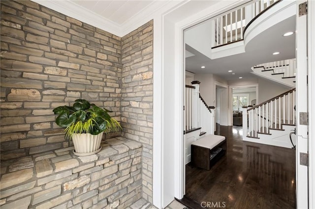 2711 Elm Ave, Manhattan Beach, CA 90266 - hallway featuring stairs, wood finished floors, and crown molding