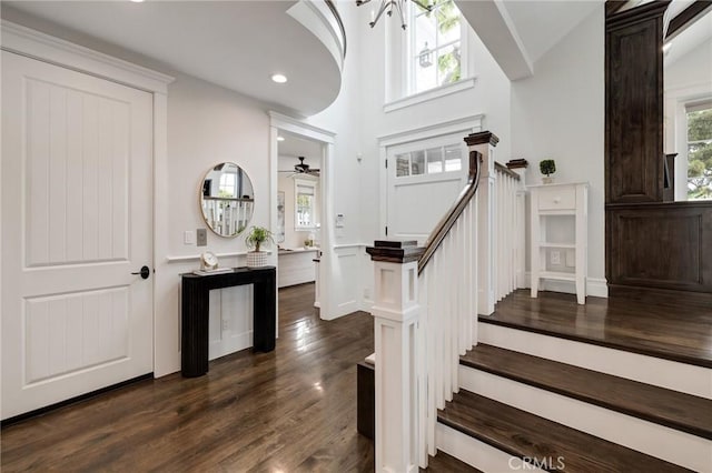 2711 Elm Ave, Manhattan Beach, CA 90266 - foyer entrance featuring healthy amount of natural light, dark wood-style floors, stairway, recessed lighting, and a ceiling fan