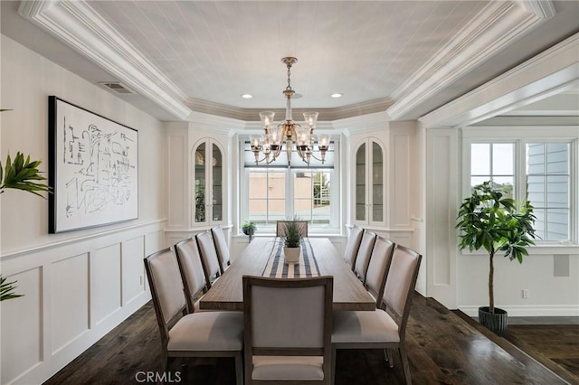 2711 Elm Ave, Manhattan Beach, CA 90266 - dining room with a chandelier, dark wood finished floors, a decorative wall, ornamental molding, and a raised ceiling
