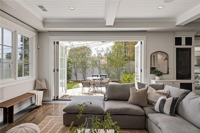 2711 Elm Ave, Manhattan Beach, CA 90266 - living area featuring wood finished floors, ornamental molding, wood ceiling, and beam ceiling
