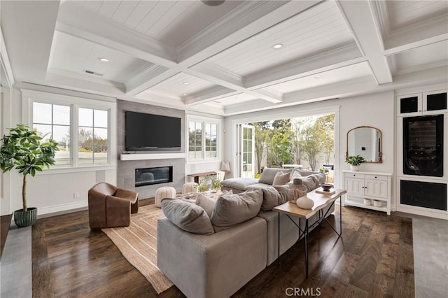2711 Elm Ave, Manhattan Beach, CA 90266 - living room with beam ceiling, dark wood-style floors, coffered ceiling, ornamental molding, and a premium fireplace