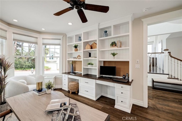 2711 Elm Ave, Manhattan Beach, CA 90266 - office featuring dark wood finished floors, built in desk, baseboards, a ceiling fan, and recessed lighting