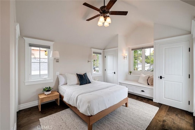 2711 Elm Ave, Manhattan Beach, CA 90266 - bedroom with dark wood-style flooring, vaulted ceiling, baseboards, and a ceiling fan