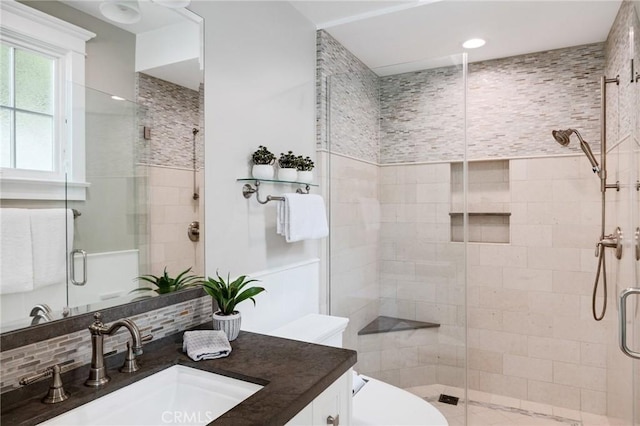 2711 Elm Ave, Manhattan Beach, CA 90266 - full bathroom featuring vanity, a shower stall, tasteful backsplash, and toilet