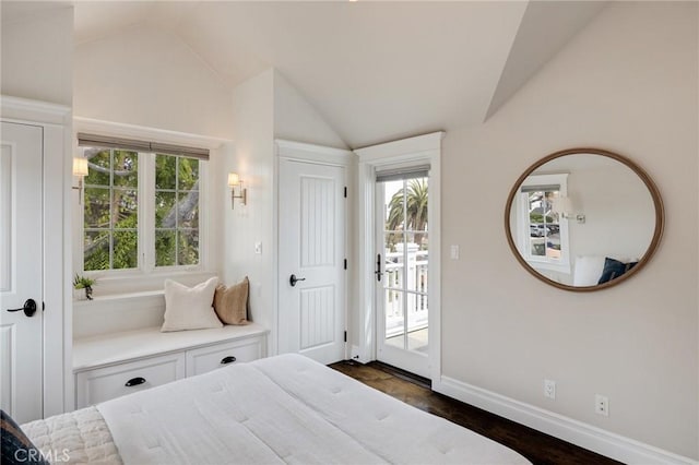 2711 Elm Ave, Manhattan Beach, CA 90266 - bedroom featuring access to exterior, lofted ceiling, dark wood-style flooring, multiple windows, and baseboards