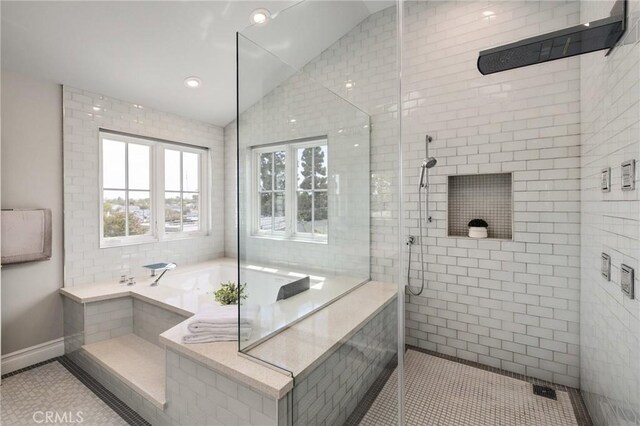 2711 Elm Ave, Manhattan Beach, CA 90266 - bathroom with lofted ceiling, a stall shower, a bath, tile patterned flooring, and recessed lighting
