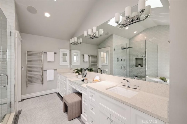 2711 Elm Ave, Manhattan Beach, CA 90266 - bathroom featuring lofted ceiling, a chandelier, a shower stall, radiator heating unit, and vanity