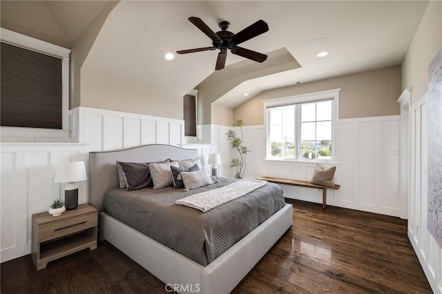 2711 Elm Ave, Manhattan Beach, CA 90266 - bedroom with a decorative wall, wainscoting, dark wood finished floors, ceiling fan, and vaulted ceiling